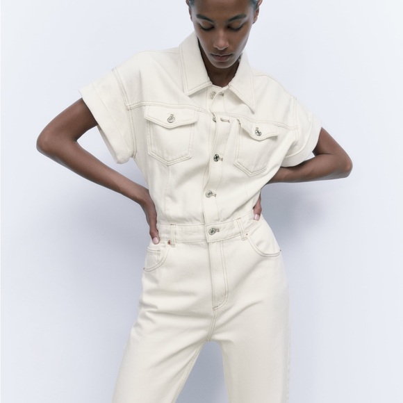 Zara cream denim jumpsuit